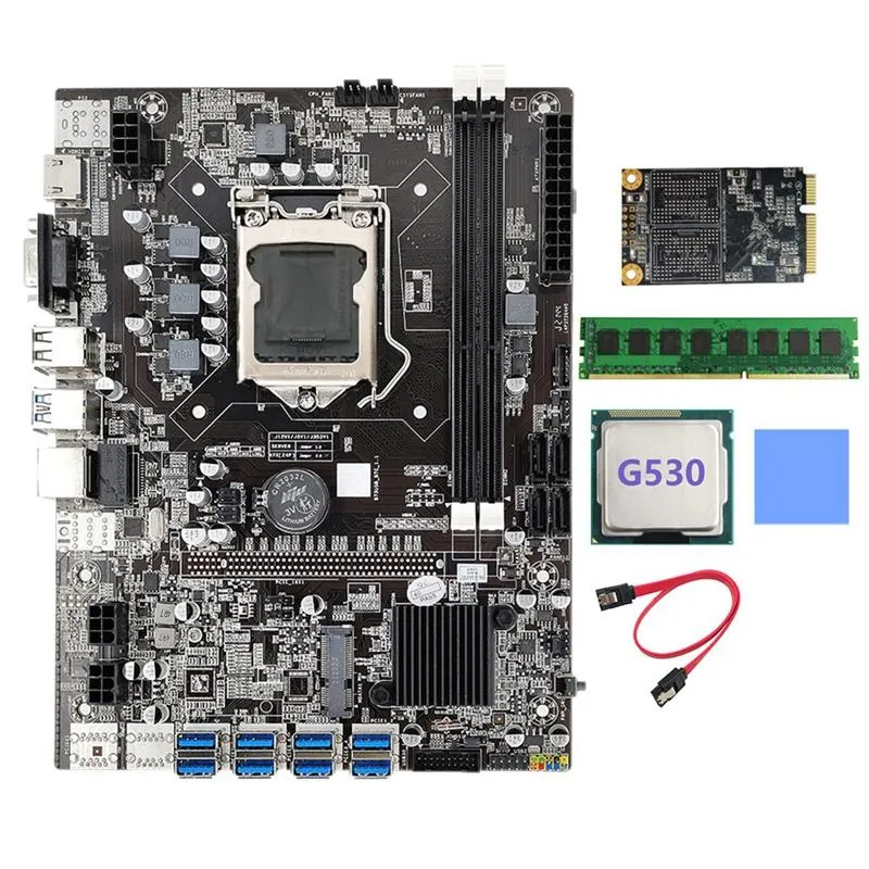 Motherboards Mining Motherboard LGA1155 8XPCIE USB3.0 G530 CPU SATA Cable Thermal Pad MSATA SSD 128G DDR3 4GB 1333Mhz RAMMotherboards Mother