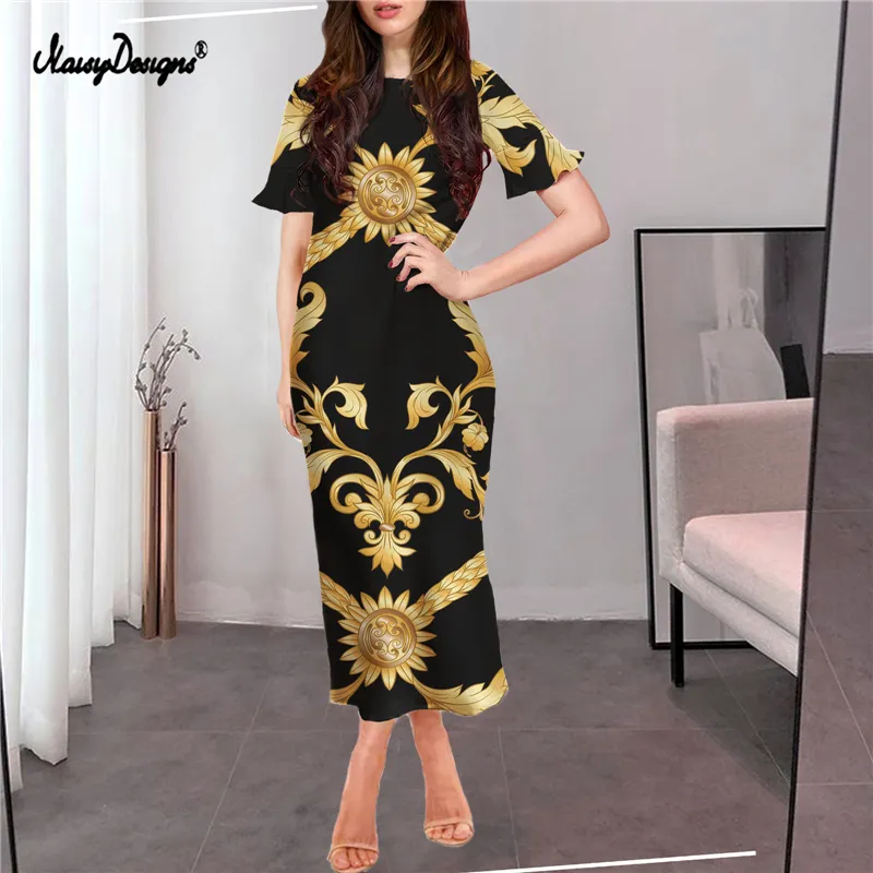 Noisydesigns Prom Luxury Women Dress Vintage Golden Floral Mesh Long Vestidos Lotus Sleeve Europe Pattern High-End Custom 220627