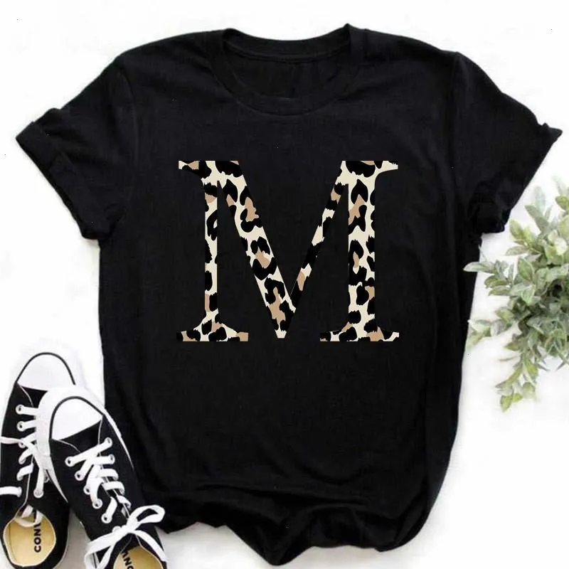 High Quality Custom Name Letter Tops Combination Women T-shirts Leopard Printing T-shirt Font A B C D E F G