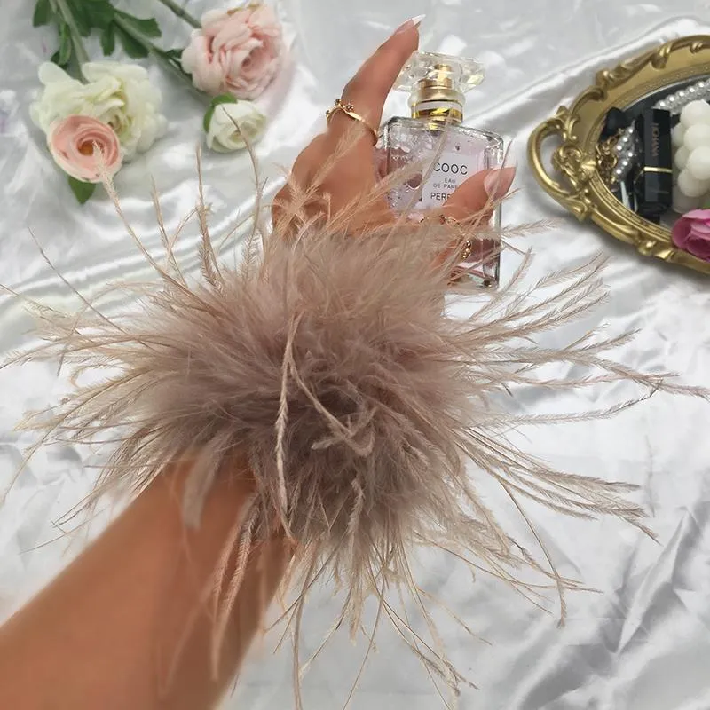 Charm Bracelets Women Feather Bracelet Cuffs Wrap Stainless Steel Real Fur Ostrich Cuff 2022 Elastic Hair Band Double Layer FurCharm