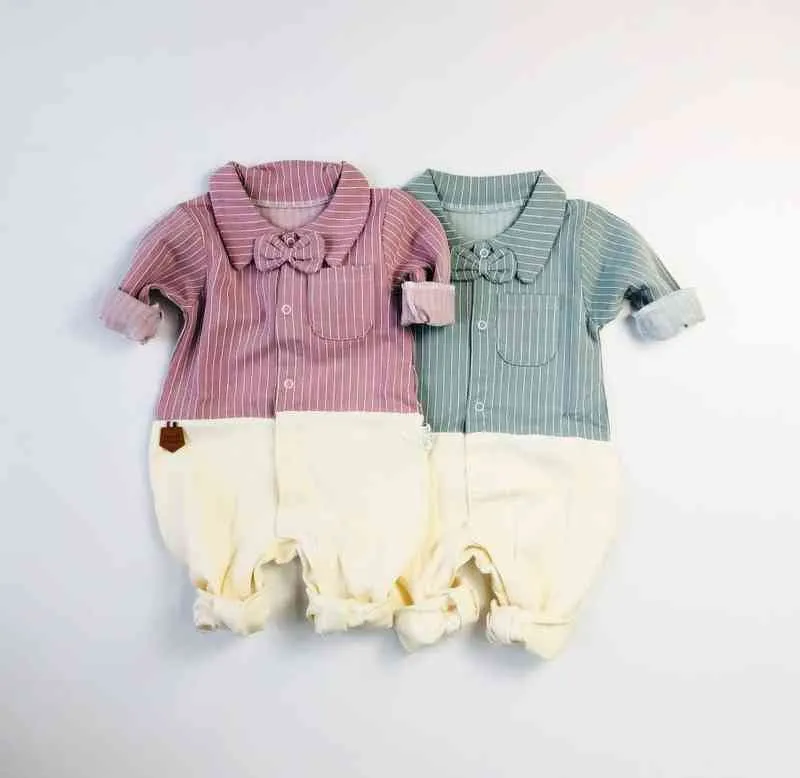 2019 New Spring Hot Baby Boy Girl Clothes Children Gentel Lovely Bow-tie Jumpsuit Long Sleeve Cotton Rompers Newborn Bebe Cloth G220510