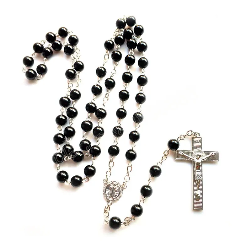 Katolska Vintage Akrylpärlor Svart Rosary Halsband Jesuse Cross Religiösa Smycken För Män Kvinnor
