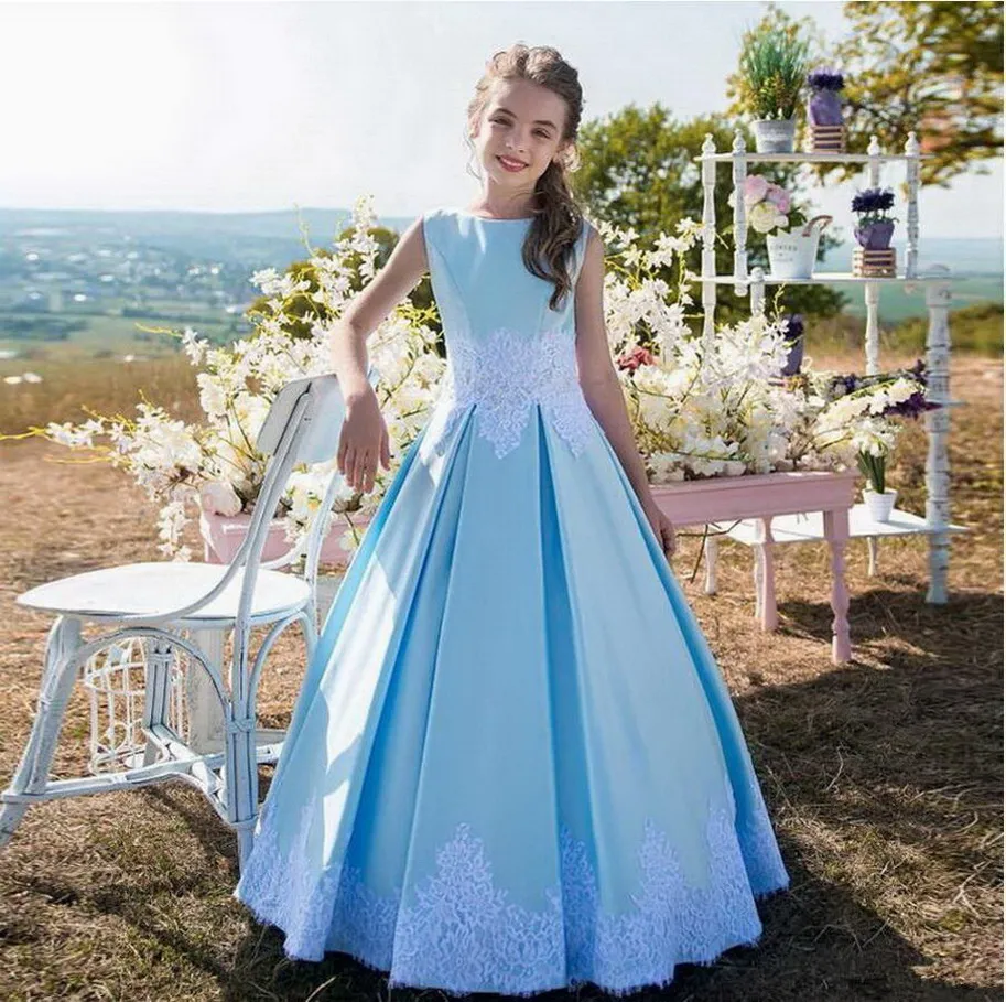 New Lovely Blue Floor Length Kid Birthday Dresses Jewel Neck Sleeveless Lace Appliques Satin Baby Girls Prom Gown for Wedding