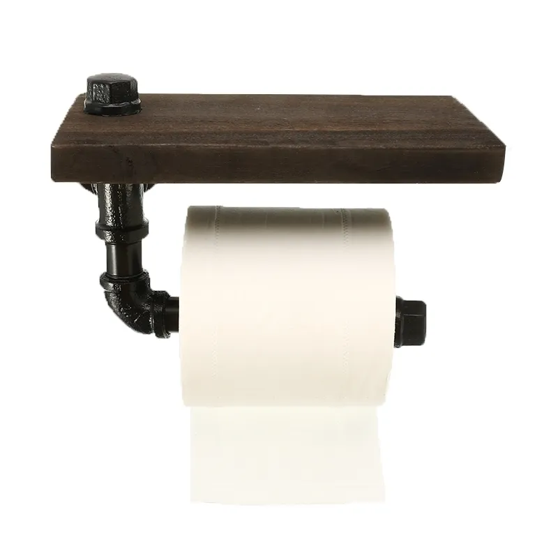 Badezimmerregale Industrie Retro Eisen Toilettenpapierhalter EL Roll Hängeregal Holzregal mit Telefon Y200108