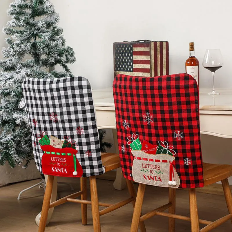 Stoelhoezen kerstbedekking met geruite print bont bal niet-geweven stof huis keuken decoratiechair