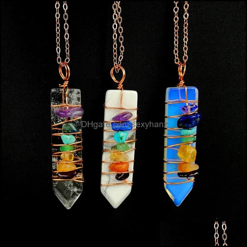 JLN Healing Pionts Sword Shape Wire Wrapped Quartz Stone Reiki Pendants Seven Chakra Amulet With Rose Gold Plated Brass Chain Necklace For Gilrs And