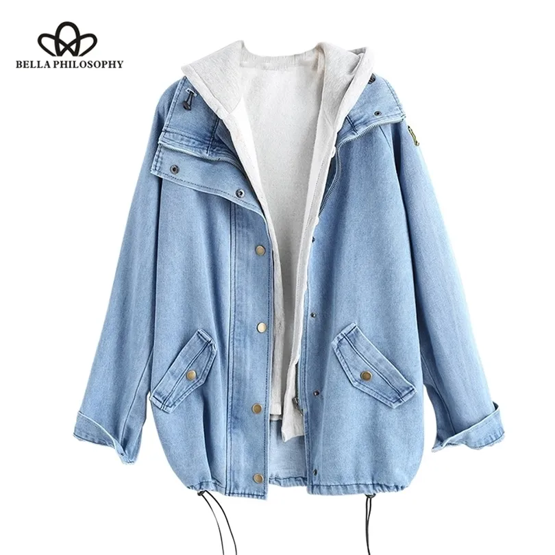 Bella Autumn Winter -knapp Up Ladies Denim Women Jacket med huva 2 styck 3xl Kvinna Jean Plus Size Women Coat T200212