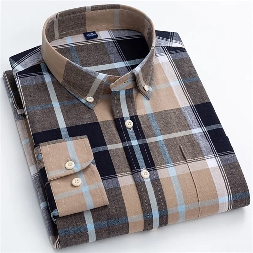 Chemise en coton et lin à carreaux décontractée pour hommes, coupe classique, poche unique, boutonnée, confortable, douce, manches longues, chemises à carreaux à rayures 220322