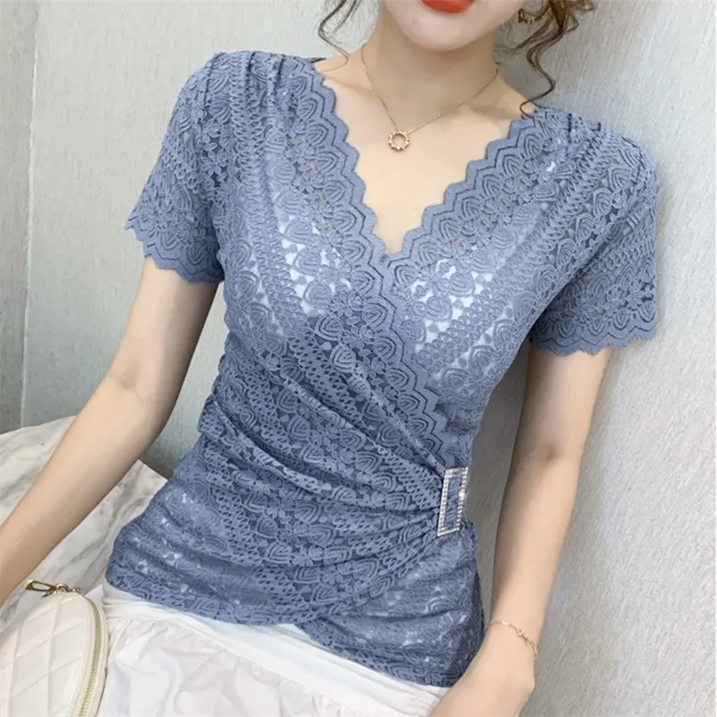 5XL Women Arrivals Summer short sleeve vneck women blouse shirt Sexy Hollow out lace tops plus size blusas 220610