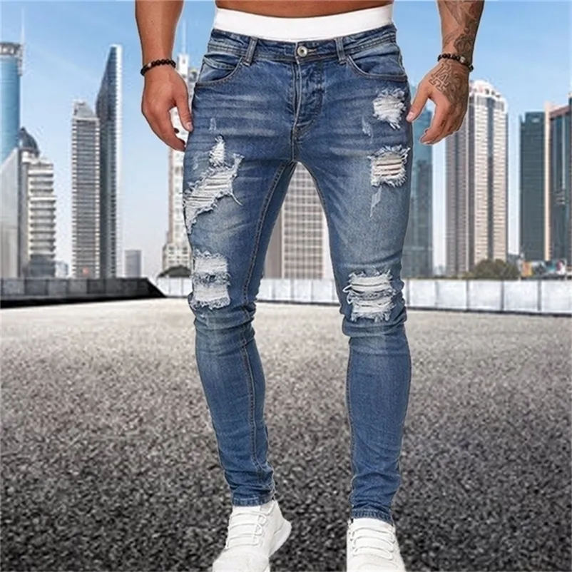 أزياء Gaya Jalanan Jeans Ramping Sobek Celana Panjang Denim Solid Cuci Pria Celana Denim Pensil Slim Fit Diskon Besar 220817