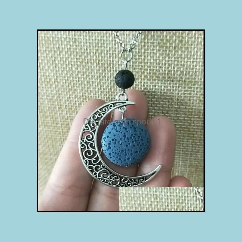 fashion silver color round lava stone moon necklace volcanic rock aromatherapy essential oil diffuser necklace for women jewelry