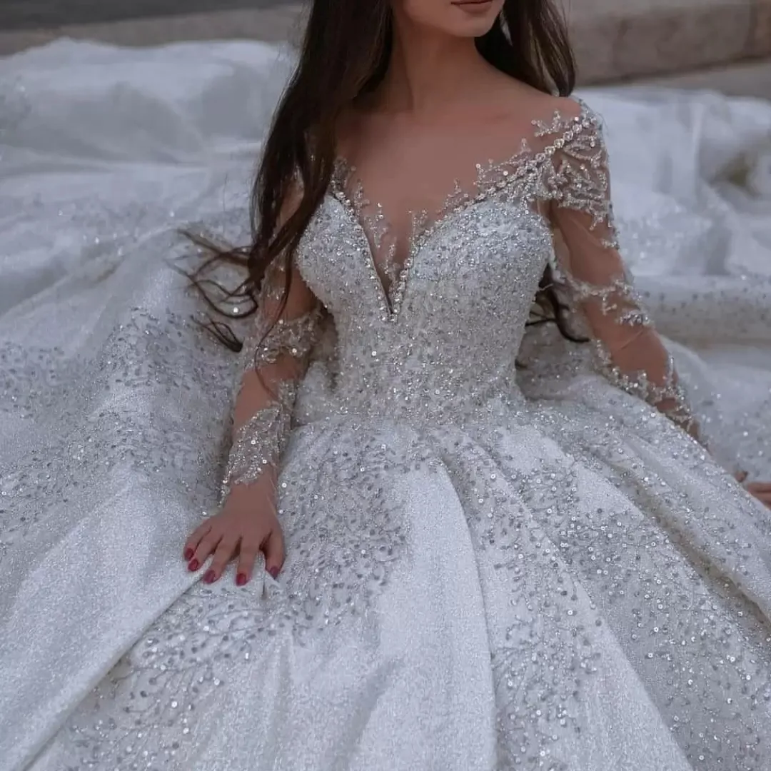 A Line Crystal Bridal Gown: Long Sleeve V Neck Lace Wedding Dress