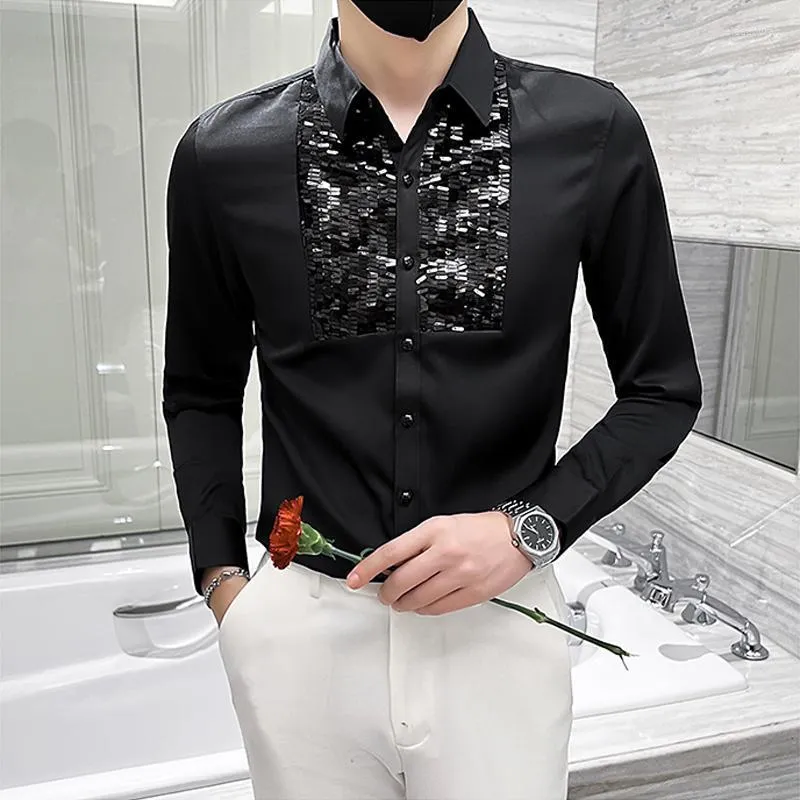 Chemises décontractées pour hommes Paillettes Chemise Homme De Luxe Mode À Manches Longues Discothèque Chemisier Hommes Fête De Bal Noir Blanc Hommes Smoking StreetwearMen