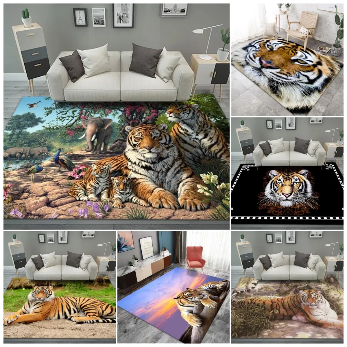 Tappeti di stampa 3D con motivo tigre all'ingrosso a basso prezzo per soggiorno, camera da letto, balcone, ingresso, tappetini per esterni, modelli di dimensioni multiple opzionali