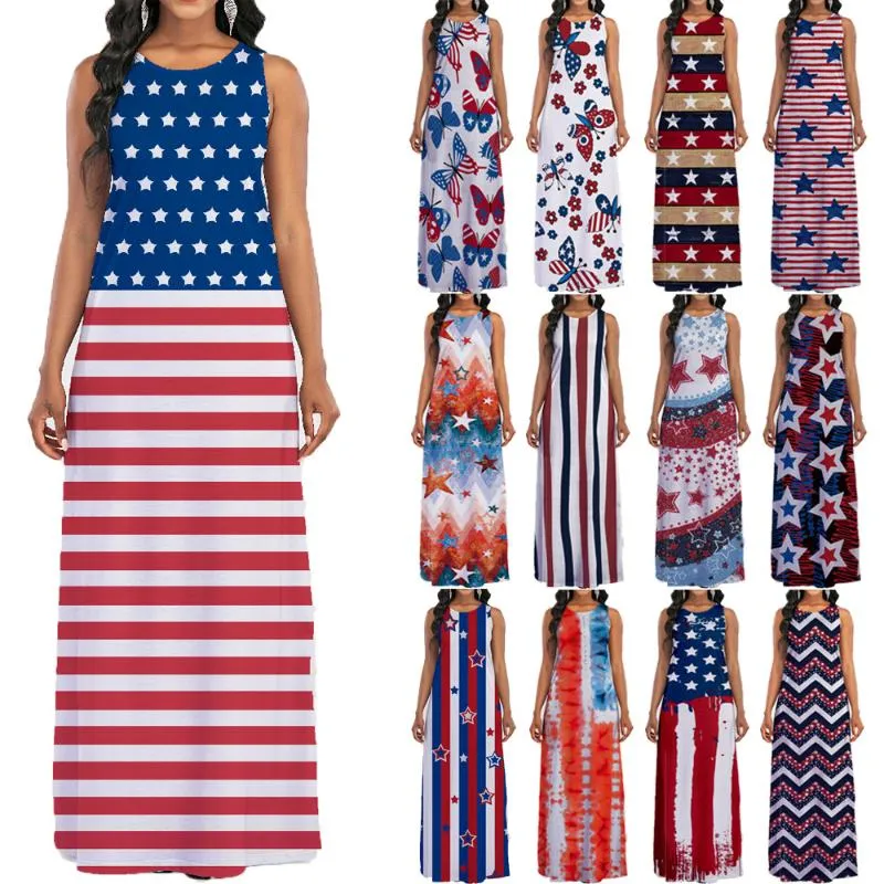 Plus Size Sukienki Kobiety Moda Długa Dress O Neck Bez Rękawów Drukuj amerykańska flaga Luźna Talia Długość podłogi Vestidos Feminino Streetwear Styl