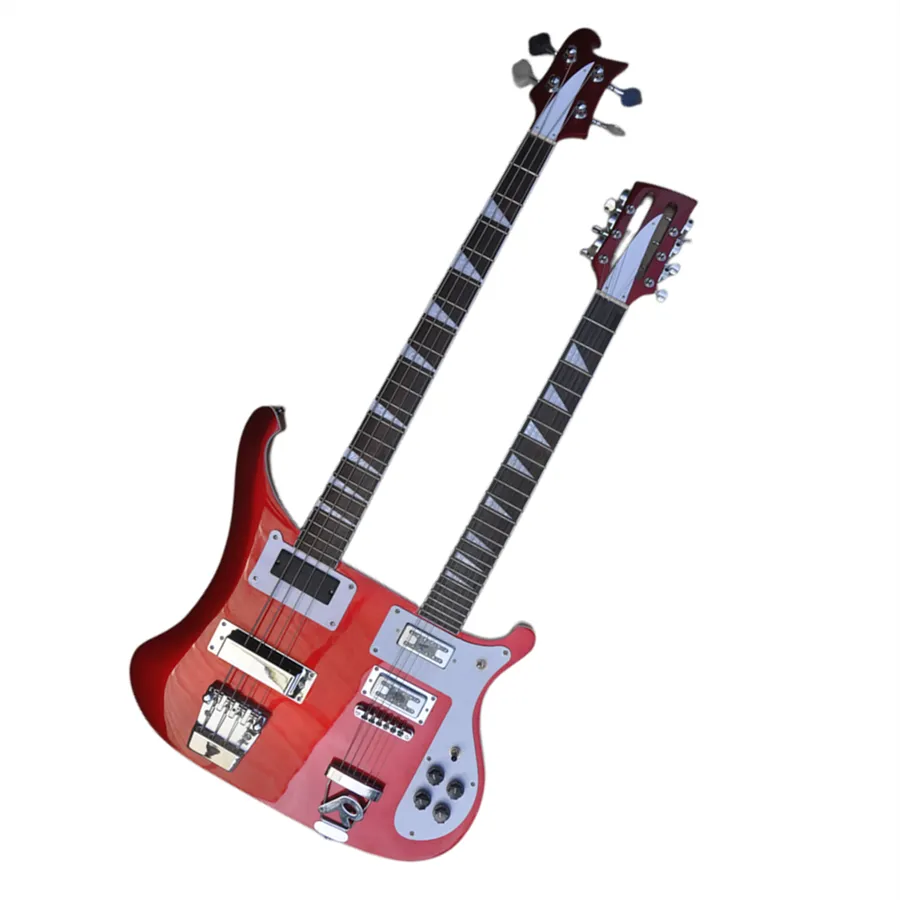 Double Neck Metallic Red body 4+12 Strings Electric Guitar with White Pickguard,Chrome Hardware,Rosewood Fingerboard,can be customized