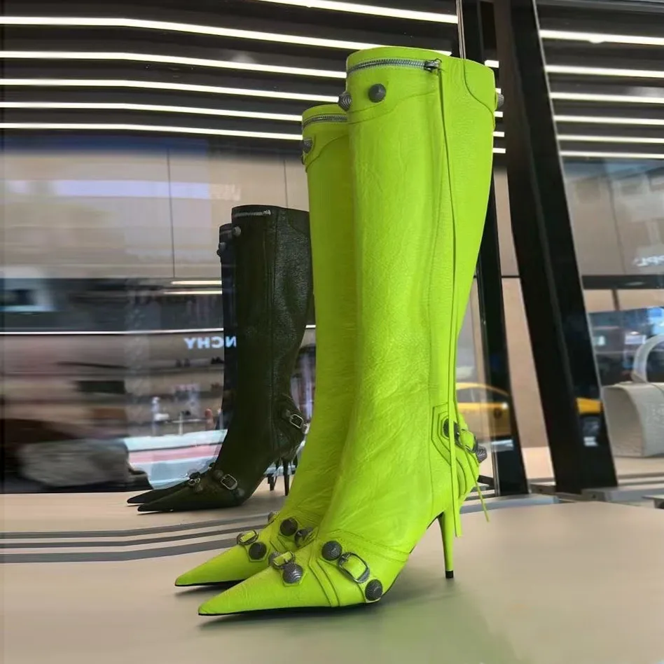 Fluorescent Yellow Leather Knee High Boots Women Buckle Studded Stiletto Heel Side Zip Pointed Toe Boots 2024