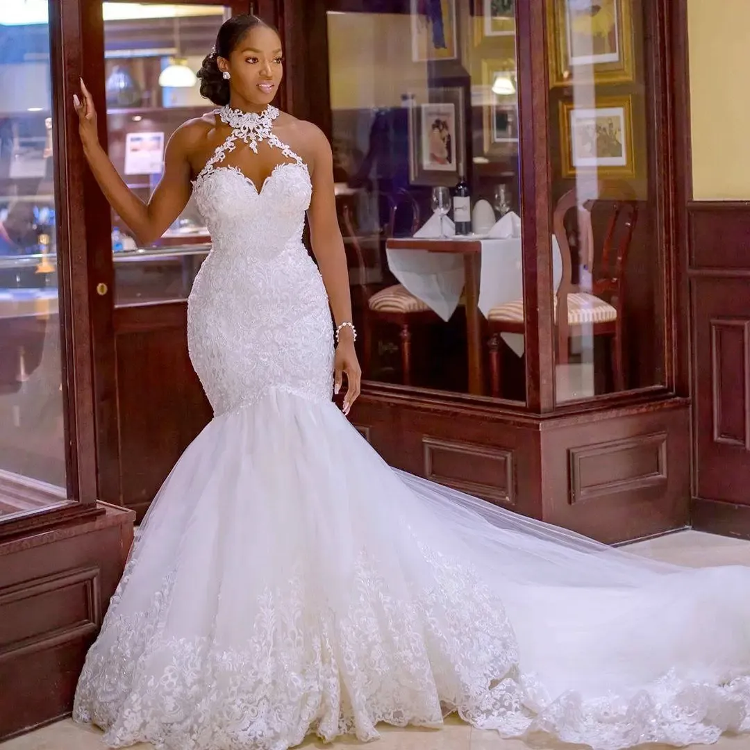 Vintage Lace Beaded Halter Arabic Aso Ebi Mermaid Halter Wedding Gown With Sheer Neckline From Verycute 68.51 DHgate.Com