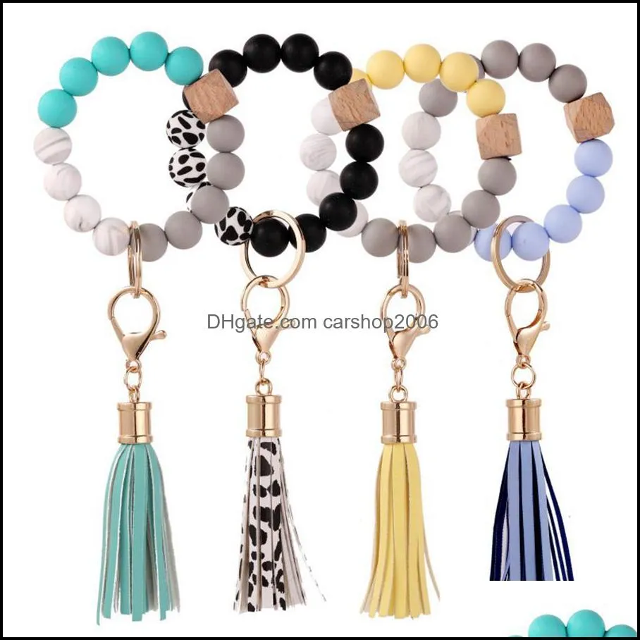 wristlet keyring bracelets keychain silicone wooden beads pu leather tassel pendant bag charms jewelry portable anti lost wrist key