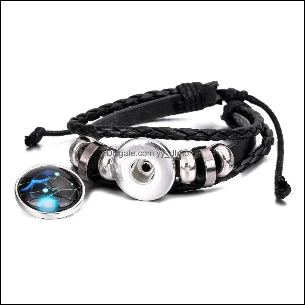 New Arrival 12 Constellations Luminous Bracelet Punk Black Leather Zodiac Bracelets Alloy Bead Snap Buttons Charm Jewelry For Women And