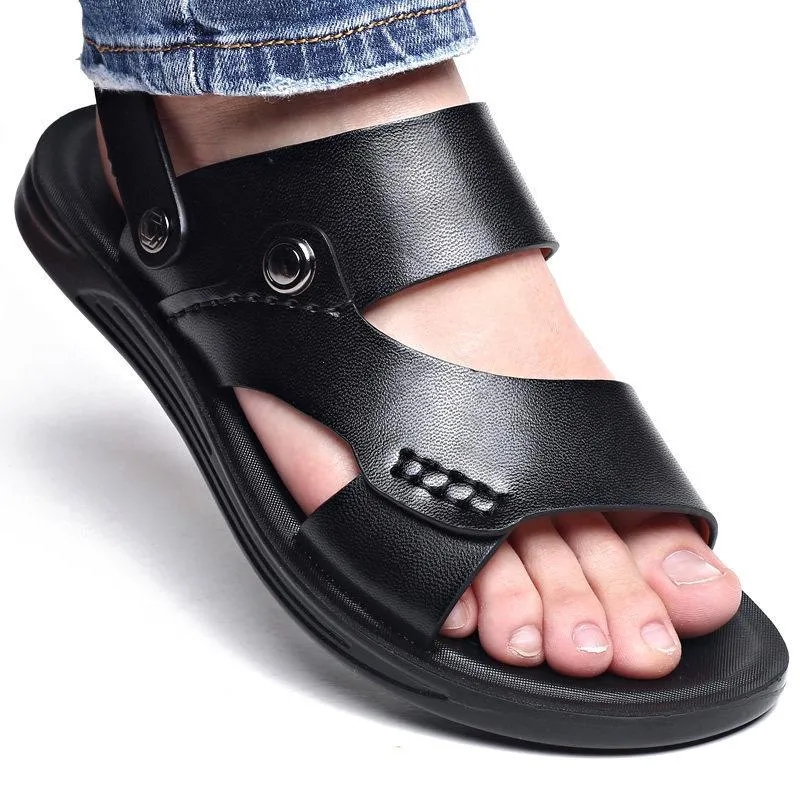 Sandalet Yaz Moda Erkekler Ayakkabı Vintage Gerçek Deri Kaymaz Plaj Slip-On Seyahat Çevirme Flop Terlik Siyah Kahverengi