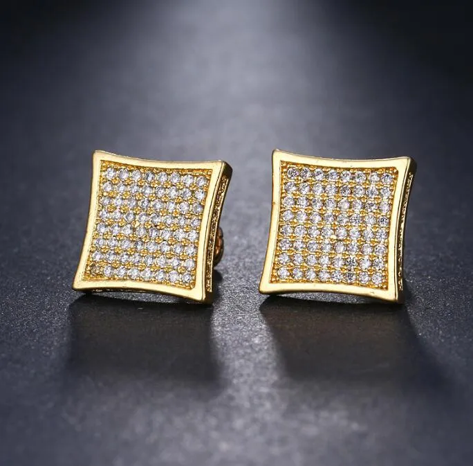 14K Plated gold Stud Square micro diamond Thread Earrings female Ruili versatile