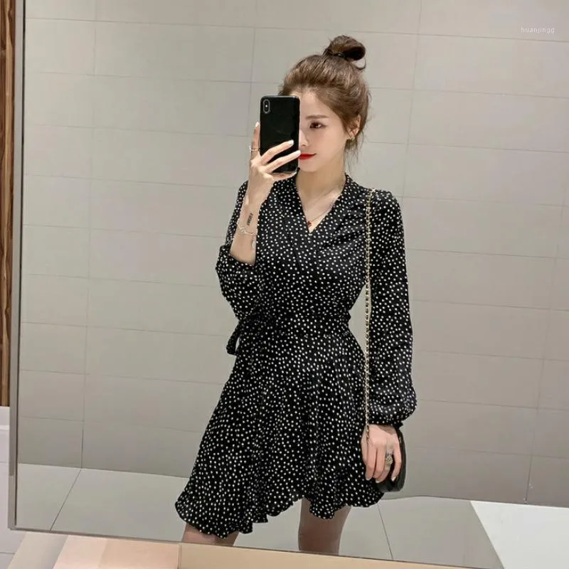 Casual Dresses Ruffle Polkadot Print Summer Dress Vintage Irregular Bow Wrap Short Women Chiffon Black Beach 2022