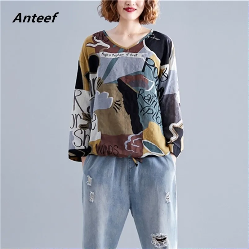 T-shirt da donna allentata casual in cotone stile coreano taglie forti vintage autunno t-shirt da donna t-shirt da donna 2021 top streetwear 210317