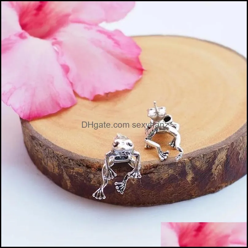 Fashion Silver Color Cute Frog Stud Earring For Men Women Retro Animal Dangler Ear Jewelry Gift