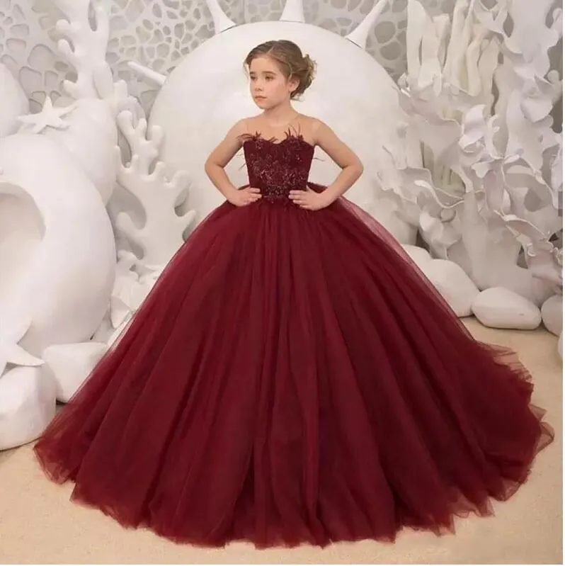 Burgundy Flower Girl Sukienki 2022 Pierwsze sukienki Komunii Świętej dla dziewcząt suknia balowa suknia Weddna sukienka dla dzieci wieczorowa sukienka balowa BC12806 C0608G01