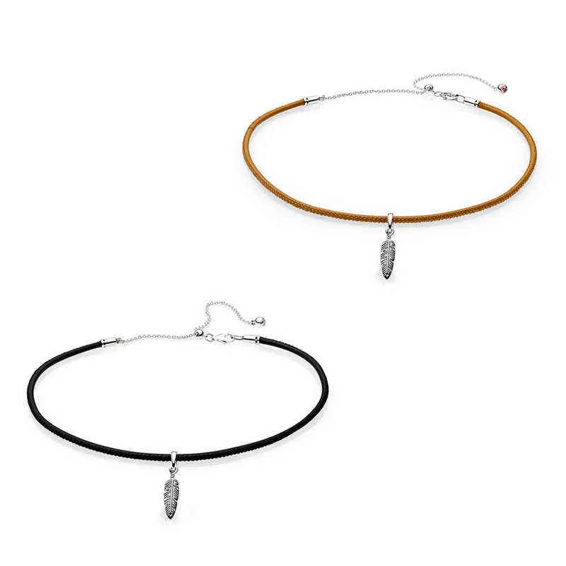 新しい2018 New 925 Sterling Silver Black Golden Reather Choker Necklace With Feather Pendant for Women Jewelry Gift AA220315