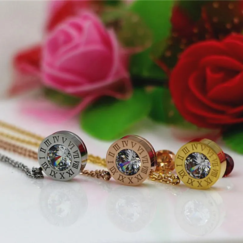 Hänghalsband rostfritt stål 4 färgkristaller sten utbytbara romerska siffror halsband för kvinnliga smycken K0036-2-",