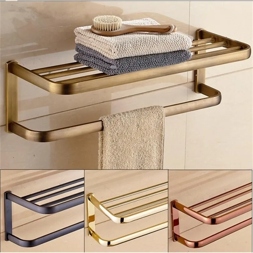 Haute qualité 60 cm GoldAntique bronze fixe porte-serviettes de bain mural porte-serviettes en laiton étagère à serviettes accessoires de salle de bain T200915