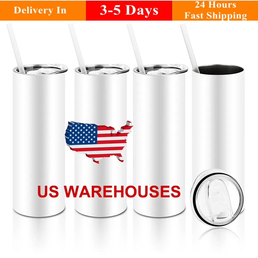 USA/CA Local Warehouse 20oz Sublimation Tumblers Raka Blanks 304 Stainless Steel Vakuumisolerade Dubbel DIY Cup Bil Kaffemuggar Med Lock och Halm 50st/kartong