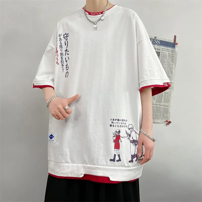 Hybskr Anime Fake Two Pieces Men T Shirts Short Sleeve Oversized Crew Neck Male Top Tees Japanese Style Casual Summer T-shirts 220509