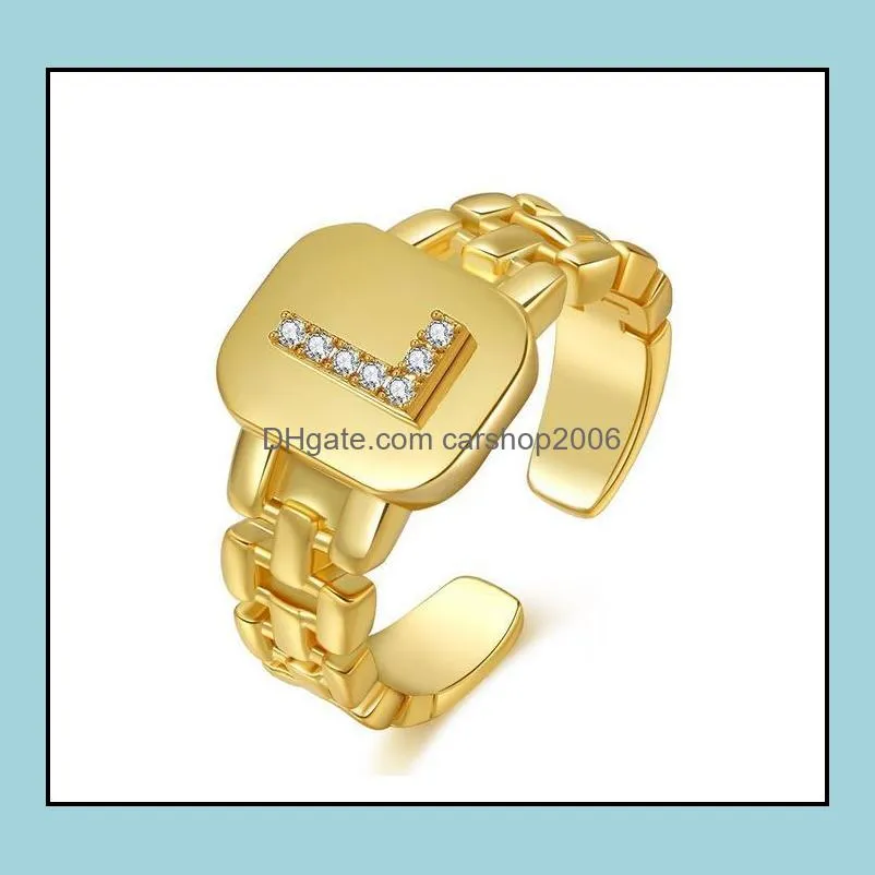 Adjustable 18k Gold Plated A-Z Letters Ring Watchband Square Initial Letter Rings For Women wholesale