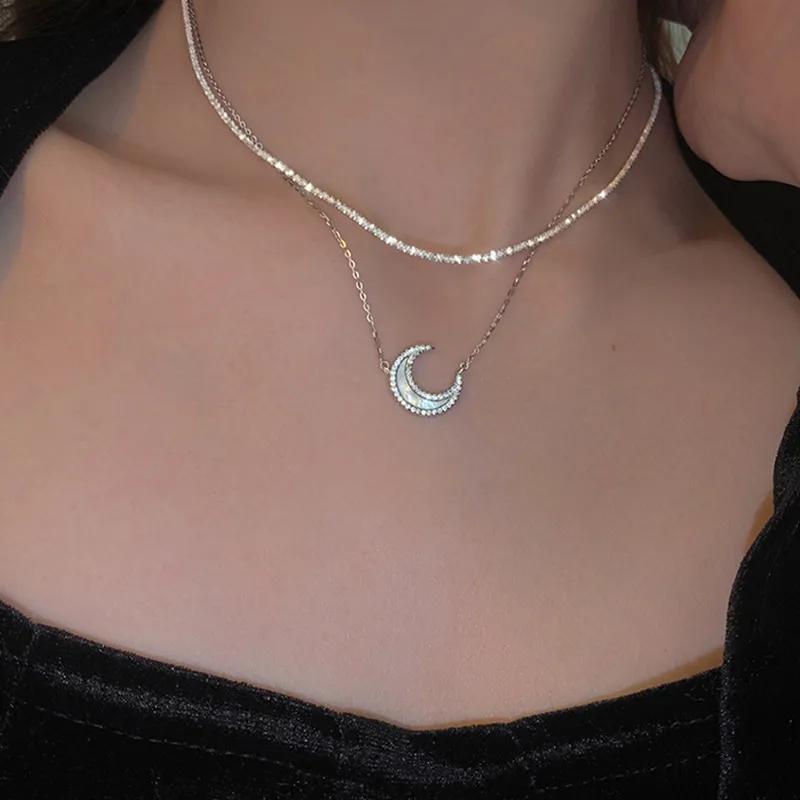 Collier de lune de mode européenne, chaîne scintillante deux en un, pendentif croissant empilable pour femmes, bijoux d'année de naissance