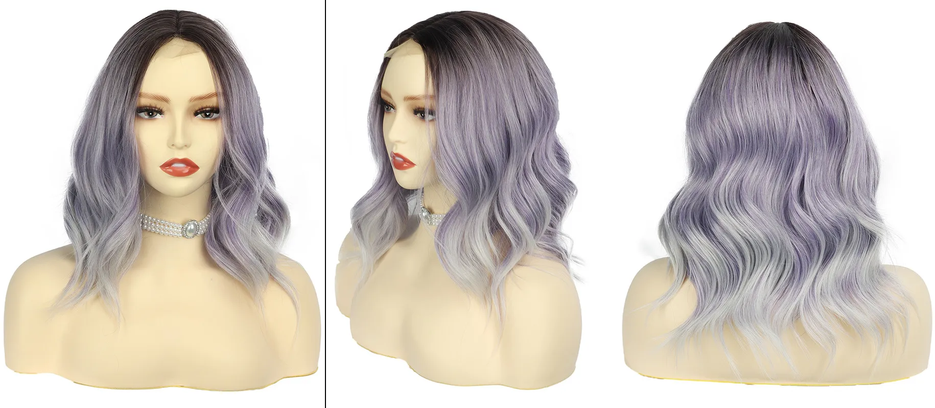 Nouvelle partie du milieu violet gris et violet gris ombre ombre onde ondulée petite en dentelle de cosplay partage de coiffure synthétique perruques