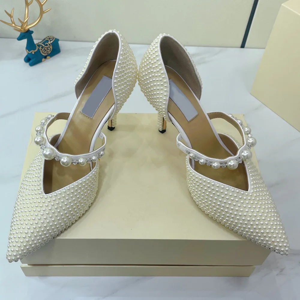 Popular marca famosa marca branca baotou sapatos de casamento vestido de casamento de casamento de casamento artesanal penteado decoração de pérolas nobres e elegantes saltos altos da princesa