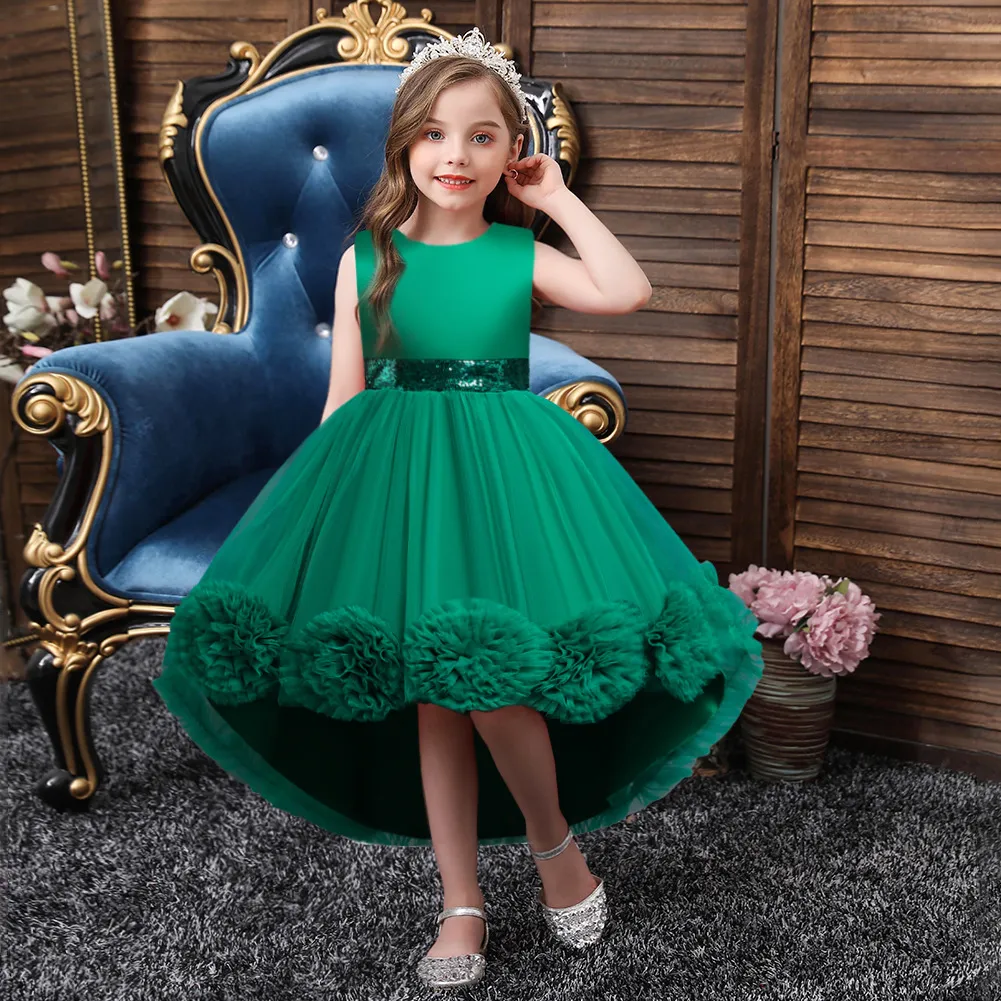 Green Girl's Pageant Jurken Kids Formele slijtage Tule Crew Neck Little Toddler Verjaardagsfeestje Wear 10 5 7 jaar oud Hi-Lo Handgemaakte bloem