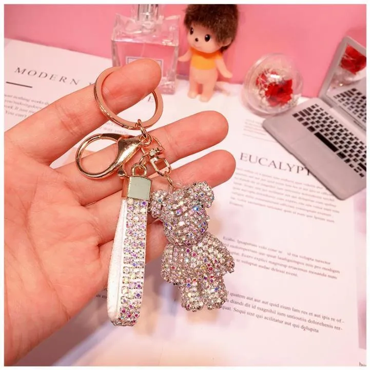 Party Favor Key Ring PVC Keychain DIY Craft Cartoon Bear Handmade Rhinestone Crystal Key Chains Charm Pendant Keychains For Women Gifts SN4873