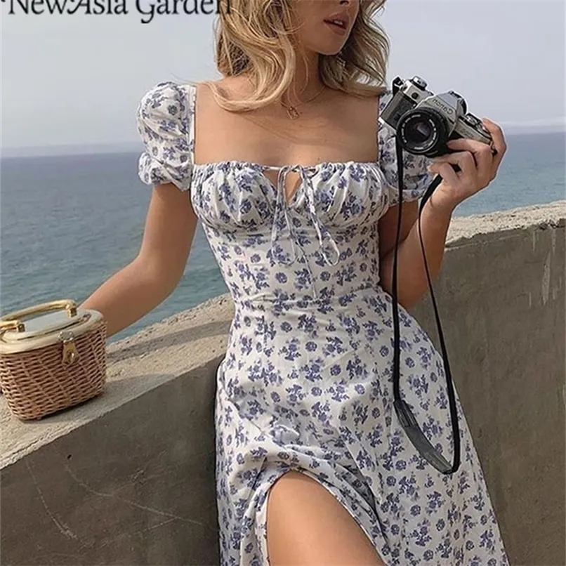 Asia Floral Print Dress Sweet Square Neck Puff Sleeve Side Spilt Drawstring Maxi Dresses for Women Party Chic Casual Outfits 220630