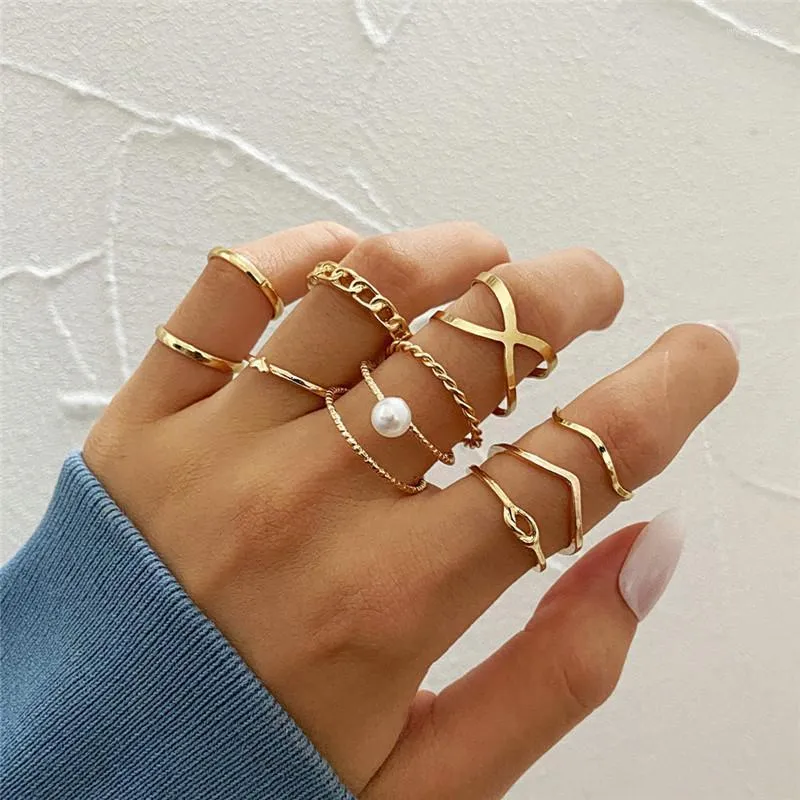 Cluster Rings Boho Gold Silver Color Pearl Set For Women Fashion Geometric Twist Hollow Open Ring Joint Finger Charm JewelryCluster Wynn22
