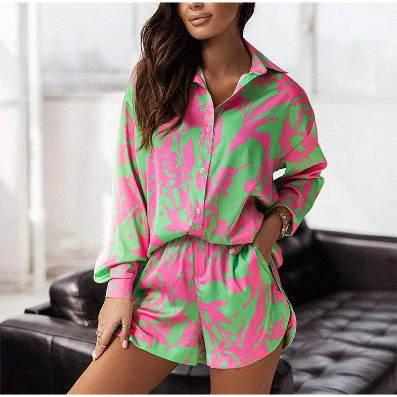Print Shorts Suits Woman Vintage Long Sleeve Shirt and Short Pants Passar Two Piece Set Female Outfit