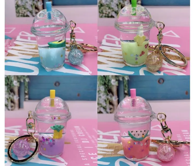 Party Favor Animal bubble milk tea keychain Creative Mini Coconut Beverage Acrylic Moving Liquid Oil Drop Decompression Jewelry Gift SN4874