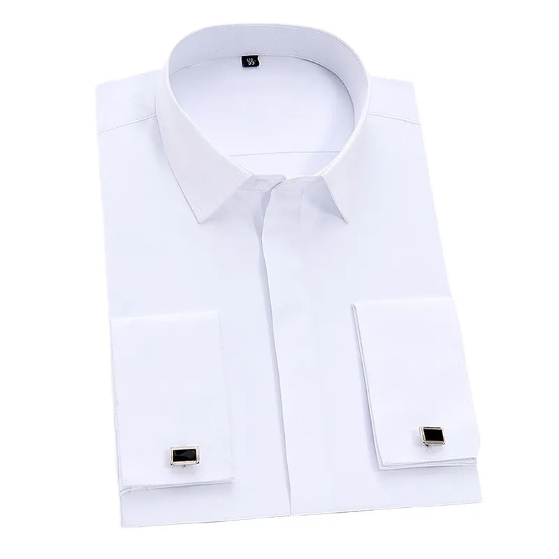 Camisas de vestir con puños franceses para hombres Camisa de manga larga para trabajo social de negocios sin hierro Formal para hombres Camisa blanca sólida con gemelos