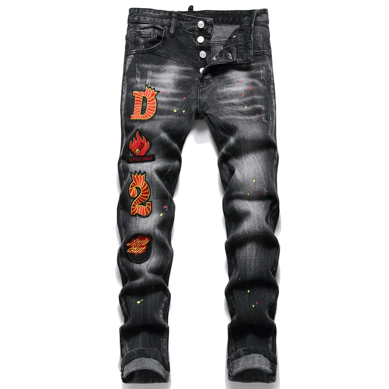 Slim Fit Jeans Stretchy Beggar Jeans Ripped Printed Skinny Men's Denim Pants 5-Pocket Regular Cotton Jean Destroyed Hole Clothing Pant Hip Hop Casual Trousers