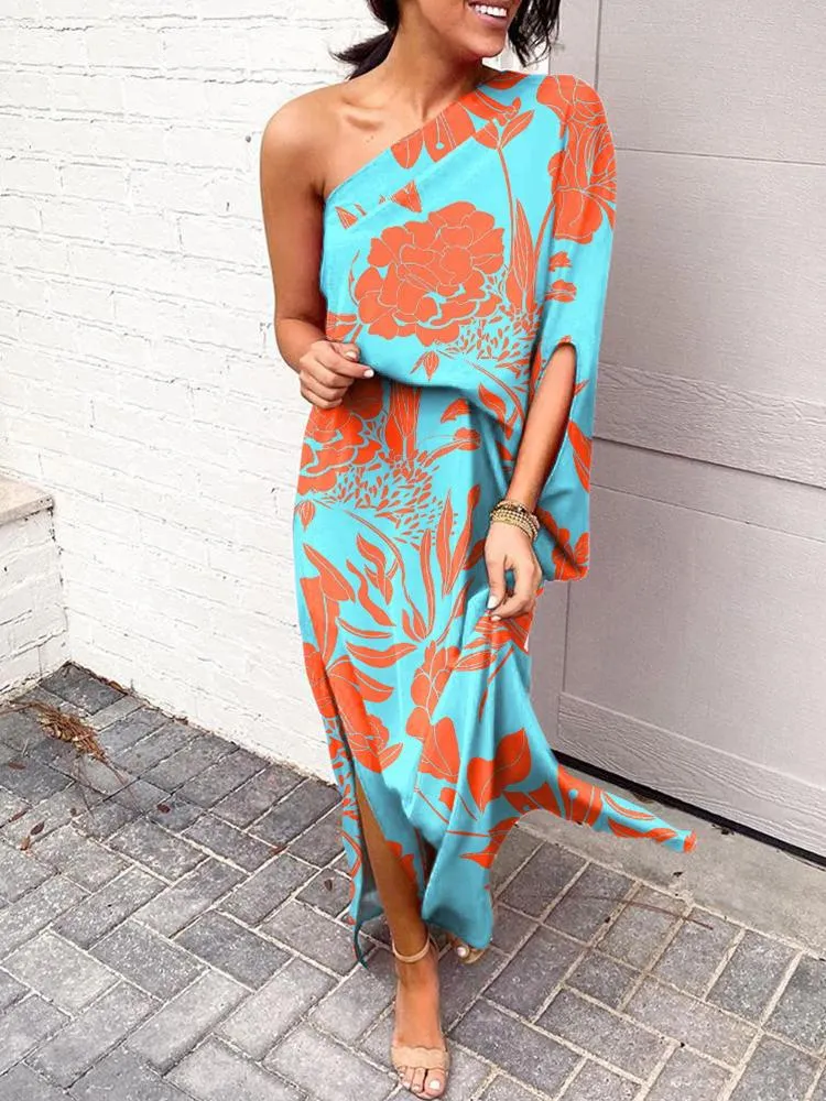 Casual Dresses Plant Print Summer For Women One Shoulder Boho Long Dress Vestidos De MujerCasual