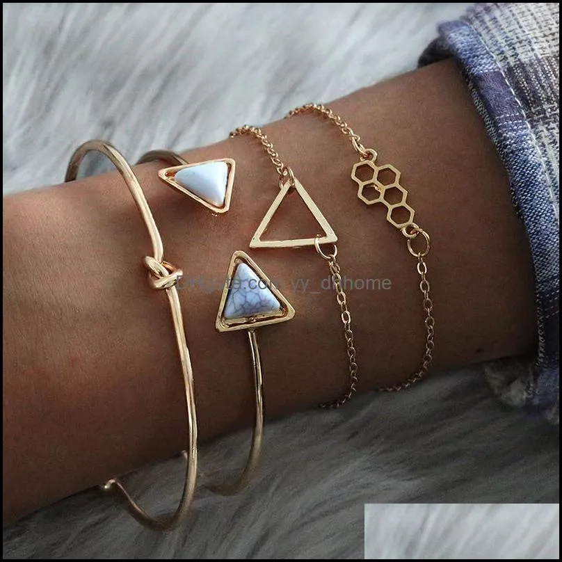 Full Diamond Circle Water Drop Chain Bracelets Open Crescent Multi-Layer Fashion Knotting Turquoise Triangle Combination Set Adjustable Wrist Sleeve