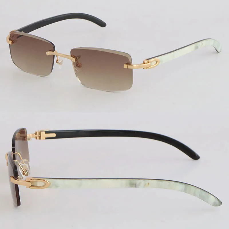 Ny Selling Style Diamond Cut Lens 8200757 Solglasögon Metal Rimless Original White Inside Black Buffalo Horn Vertikala ränder Manliga kvinnliga glasögon Storlek: 57-18-140mm